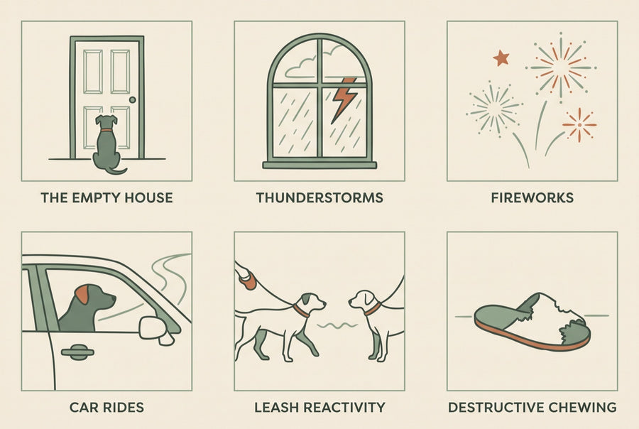 Six situations: the empty house, thunderstorms, fireworks, car rides, leash reactivity, destructive chewing