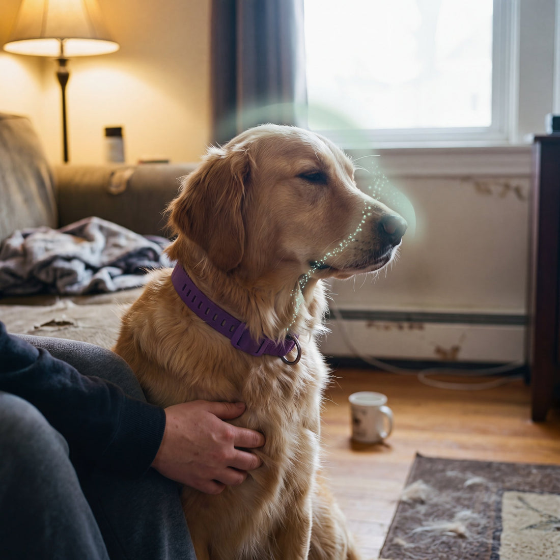 A golden retriever leaning contentedly against his owner on the living-room floor, her hand on his chest, wearing the purple CollarZen collar with a faint trail rising from it to his nose