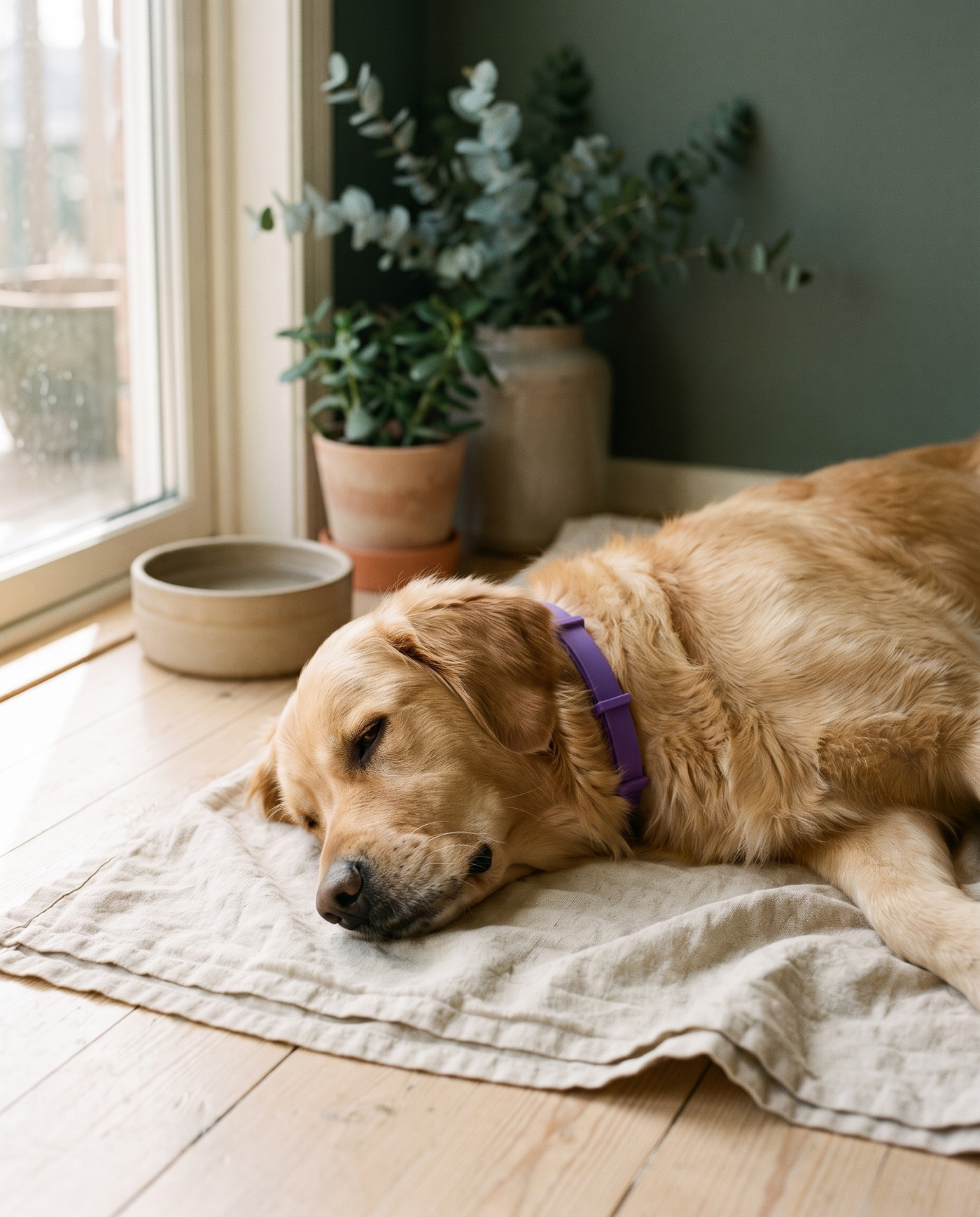A golden retriever asleep on a linen blanket in morning light, wearing a purple CollarZen collar