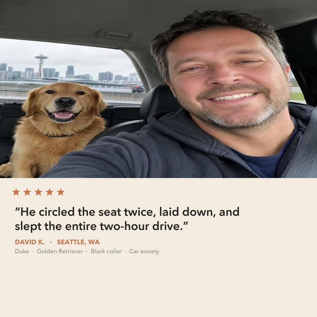 David K. from Seattle in the car with Duke, his Golden Retriever in a black CollarZen collar, relaxed on a long drive