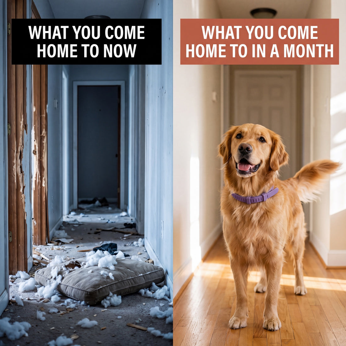 Side by side: the wrecked hallway you come home to now, and the same hallway intact with a happy dog greeting you a month later