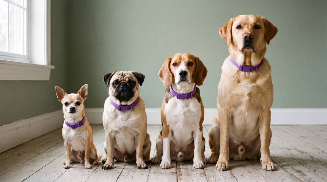 A chihuahua, a pug, a beagle and a labrador sitting in a row, all wearing the same purple CollarZen collar