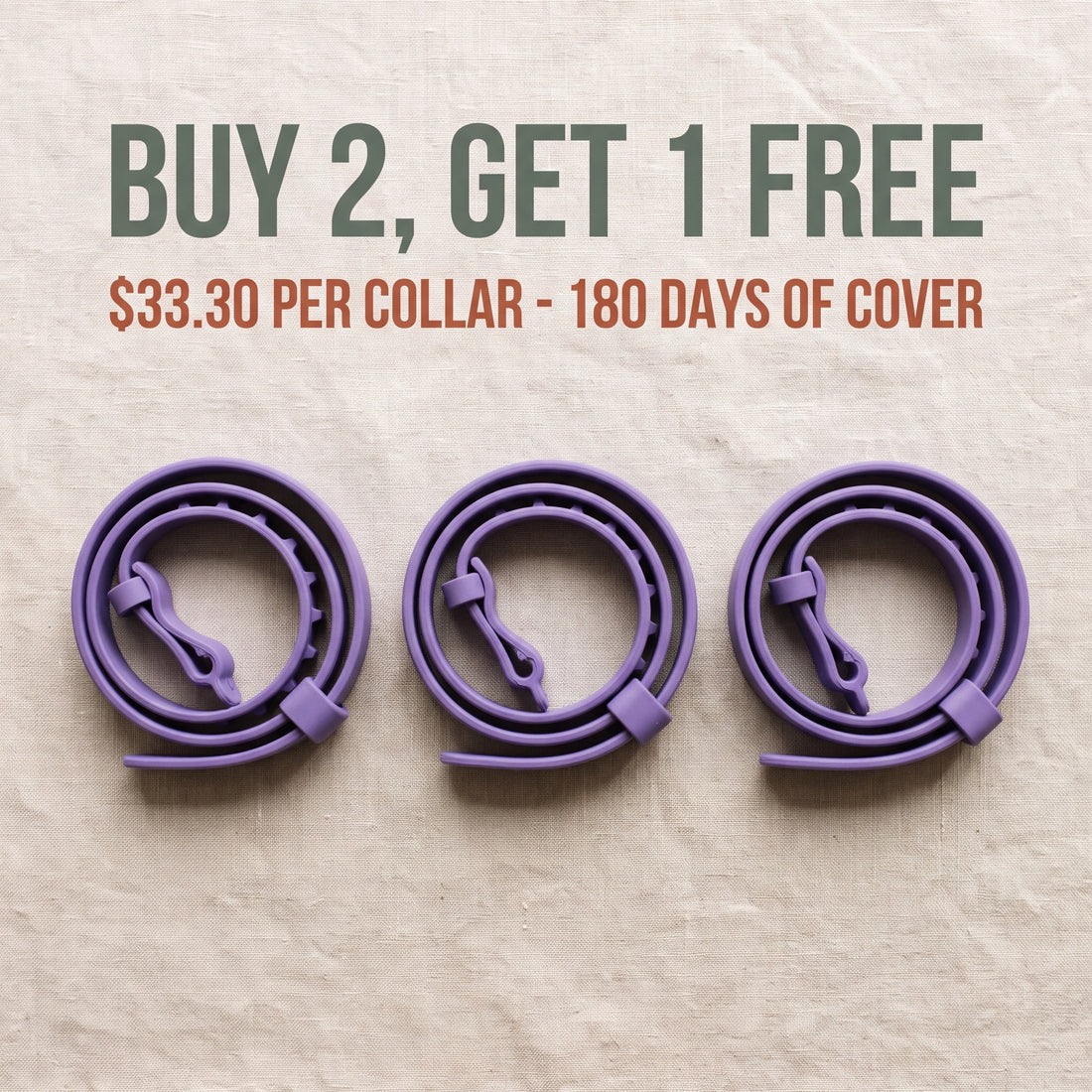 Buy 2, get 1 free — three collars for $33.30 each and 180 days of cover