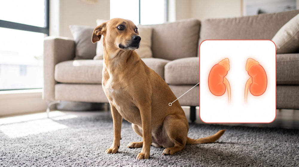 An anxious dog sitting in a living room, with an inset illustration of the adrenal glands on the kidneys