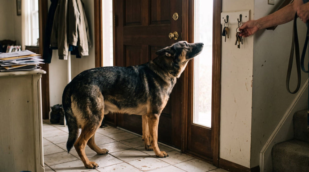 A dog pressed against the front door watching his owner lift her keys off the hook