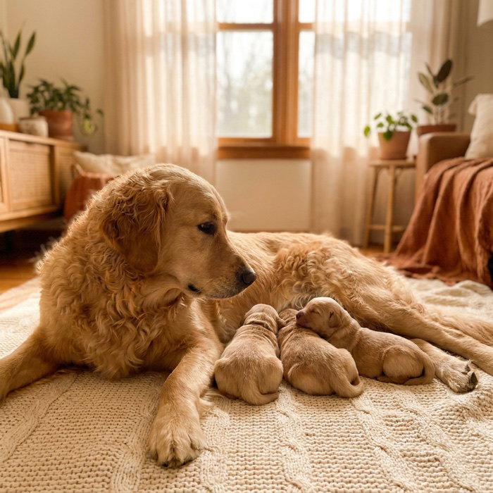 A mother dog lying on her side nursing a litter of newborn puppies