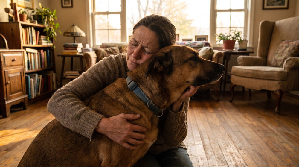 A woman kneeling on the floor hugging her calm shepherd mix dog