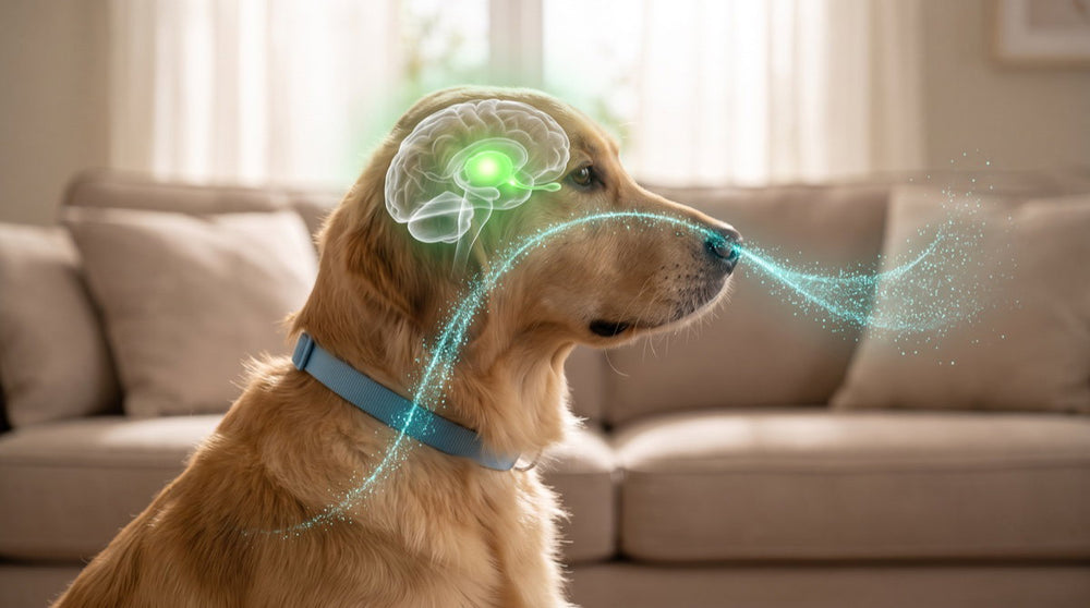 A dog wearing the blue collar with glowing turquoise particles rising from it to his nose, and the brain lit green inside his head