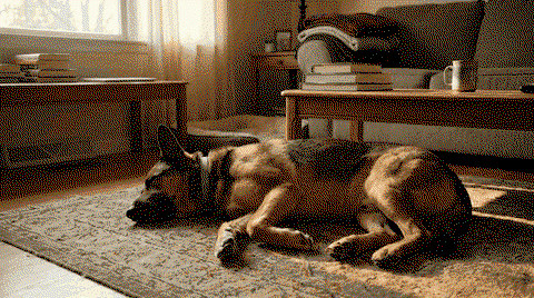 The same dog five weeks later, asleep and breathing slowly on the living room rug wearing the blue collar