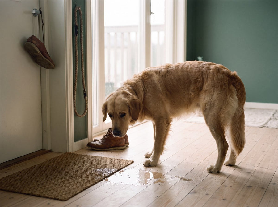 A puddle on the floorboards by the front door, the dog turned away from it.
