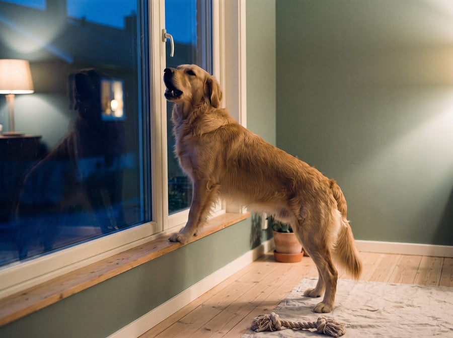 A golden retriever up at the window at night, barking at the empty street.