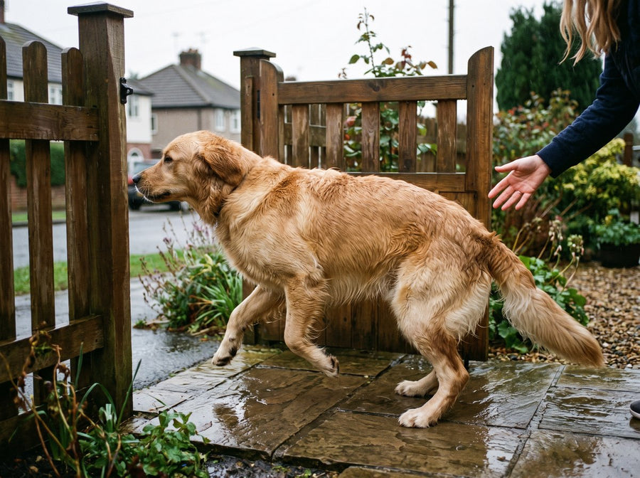 A dog pushing through a half-open garden gate as a hand reaches too late.