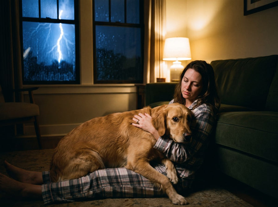 Three in the morning: a woman on the floor holding her trembling dog through a storm.