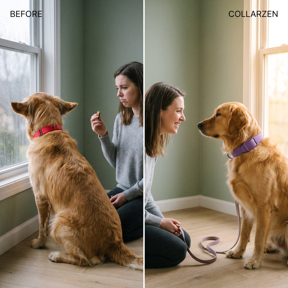 Left: a dog ignoring his owner's cue to stare out of the window. Right: the same dog holding eye contact with her, leash slack on the floor.